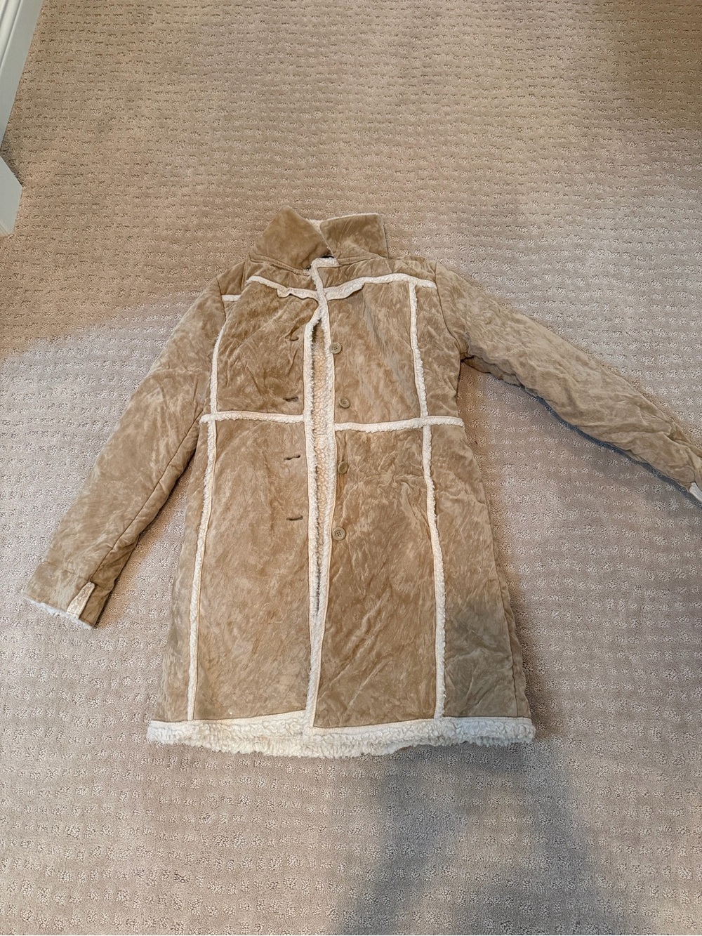 Women's Beige Faux Shearling Coat with Trim